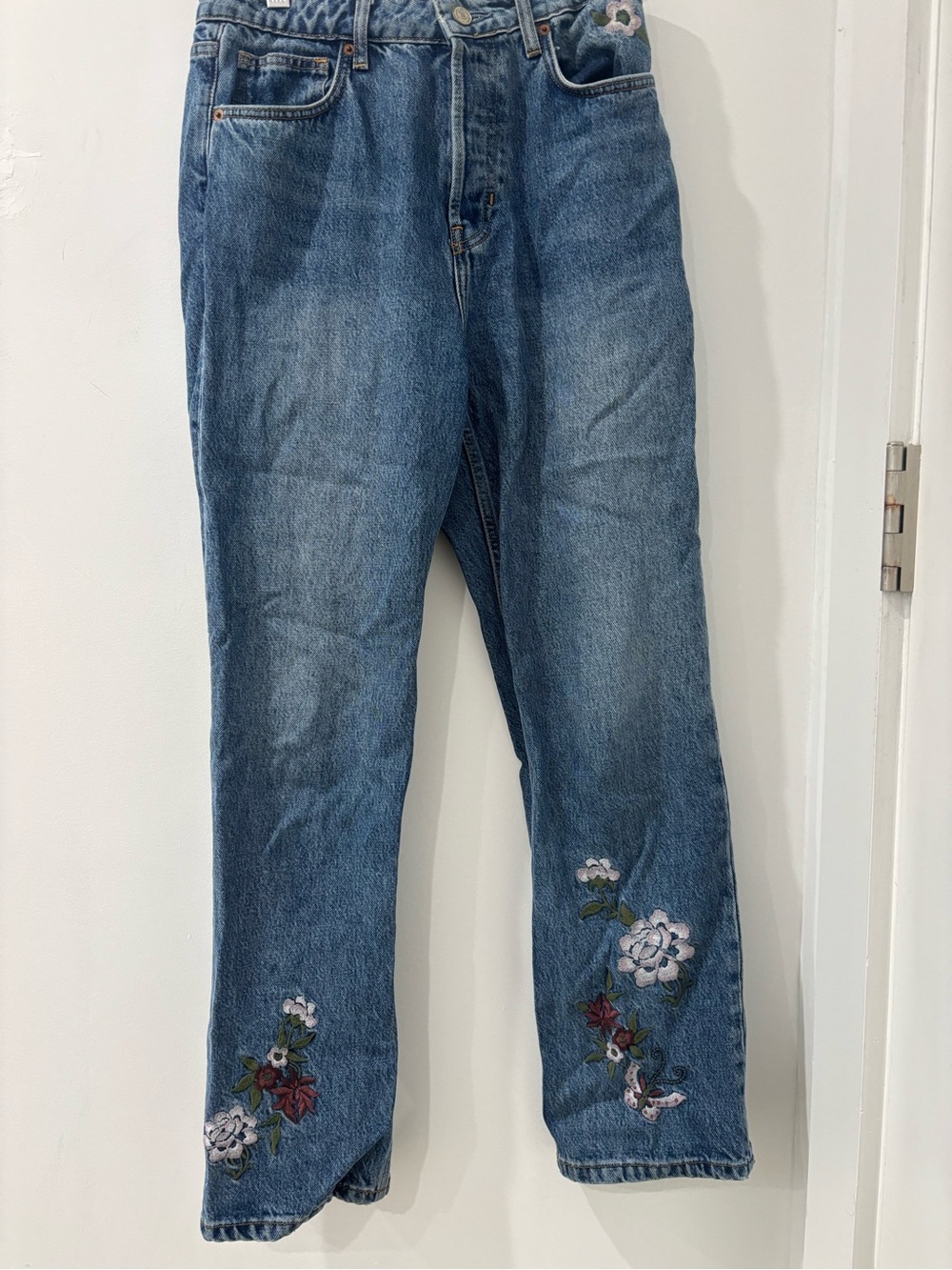 Reformation Blue Straight-Leg Jeans with Floral Embroidery